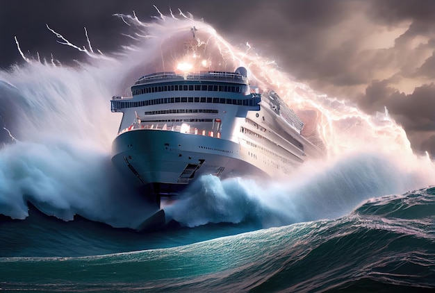 El crucero se encuentra con olas enormes y tormentas furiosas Concepto de transporte y naturaleza IA generativa