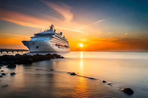 un crucero está atracado en el agua al atardecer