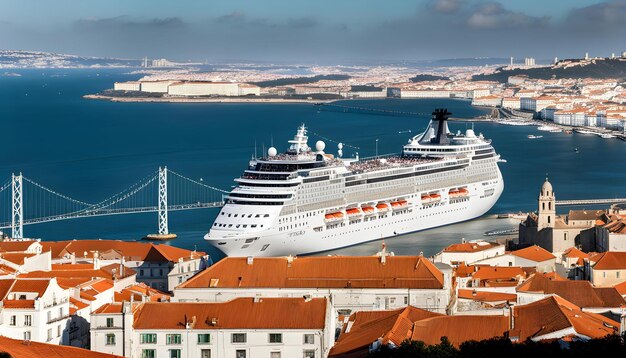 un crucero está atracado frente a una ciudad