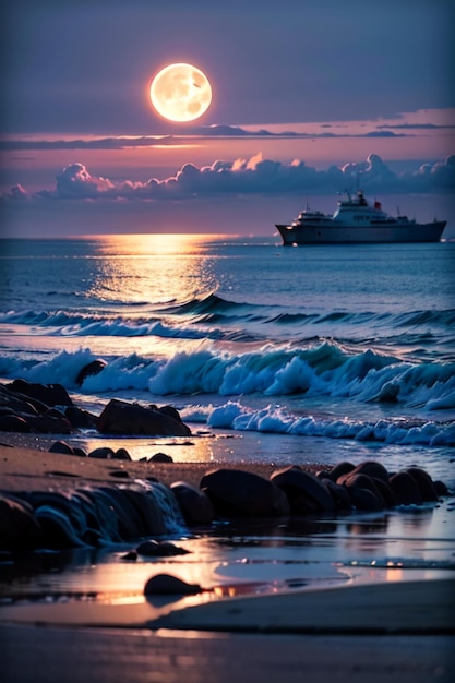 Un crucero está en la playa y el sol se está poniendo.