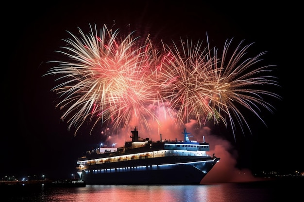 Un crucero se ilumina con fuegos artificiales en el cielo.