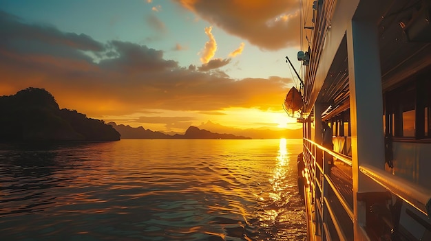 Foto un crucero de lujo navega hacia la puesta de sol los cálidos colores del cielo y el mar crean una escena relajante y pacífica