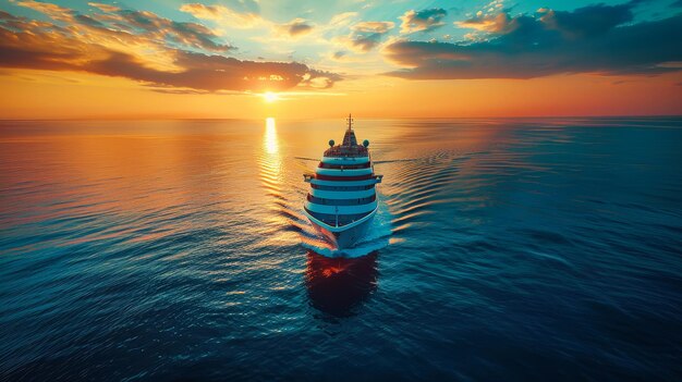 Foto un crucero navega en el océano durante la puesta del sol con el resplandor dorado del sol reflejado en el agua