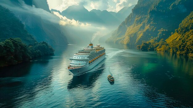 Un crucero navega a través de majestuosos fiordos montañosos