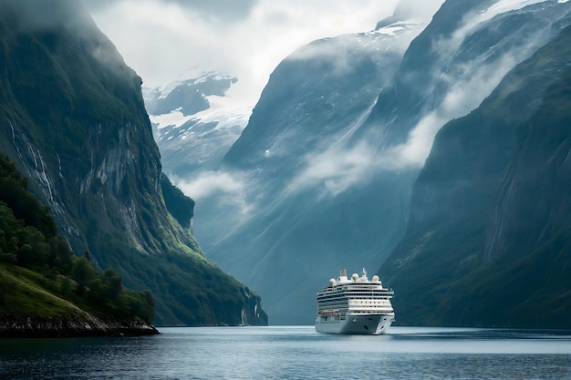 Un crucero navegando en aguas montañosas