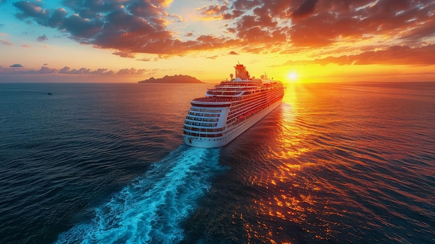 Un crucero navegando al atardecer