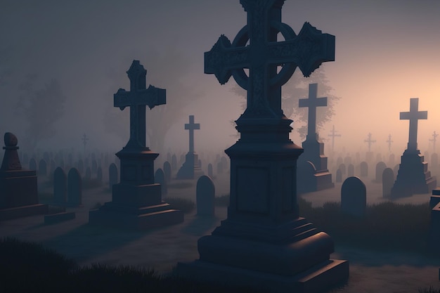 Las cruces de un cementerio católico se perfilan en la niebla al amanecer como fondo para su contenido