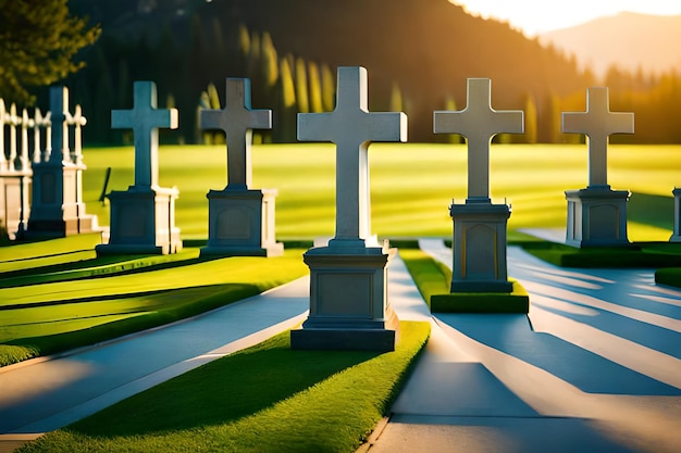 Cruces en un cementerio con el sol brillando sobre ellas