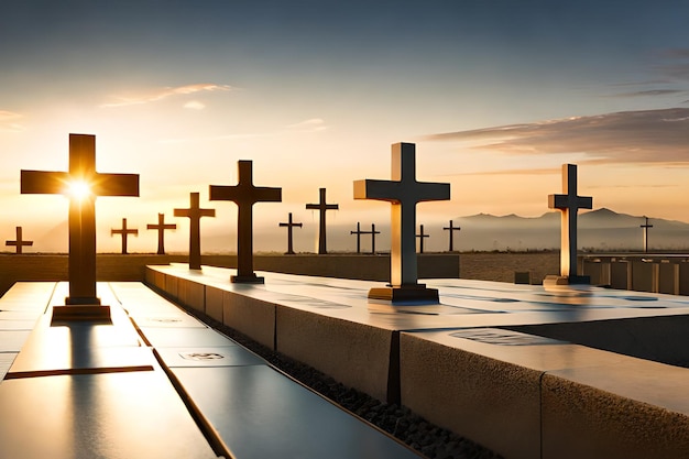 Cruces en una colina con la puesta de sol detrás de ellos