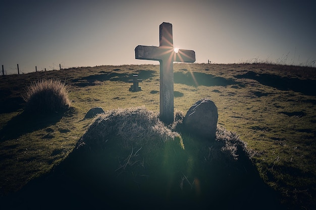 Las cruces se paran en un montículo en un campo en los rayos del sol matutino Concepto de Pascua Ilustración AI generativa