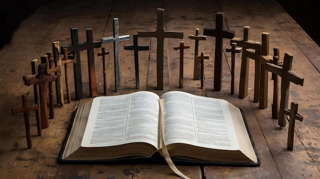 Cruces que se abren por encima de la Biblia en una mesa de madera