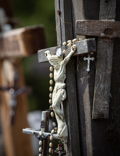 Crucificação de Cristo e um grande número de cruzes no Monte das Cruzes. O Monte das Cruzes é um monumento único da história e da arte popular religiosa em Siauliai, Lituânia.