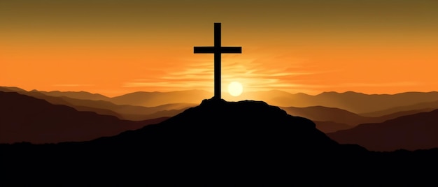 crucifixión de cruz cristiana religiosa en la cima de la montaña al atardecer