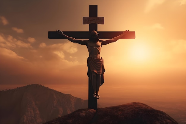 Crucifixión de Jesucristo en la cruz al atardecer