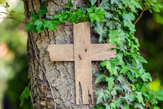 Foto crucifixo rústico na árvore