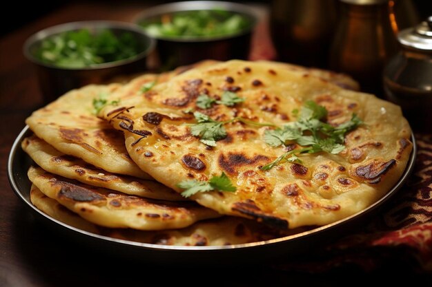 Crunchy Aloo Paratha Goodness A popular comida de rua Aloo Paritha ou imagem de Alu Paratha