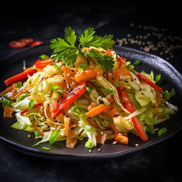 Crunchy Goodness gesunder chinesischer Kohlsalat auf einem schlanken schwarzen Schiefergrund