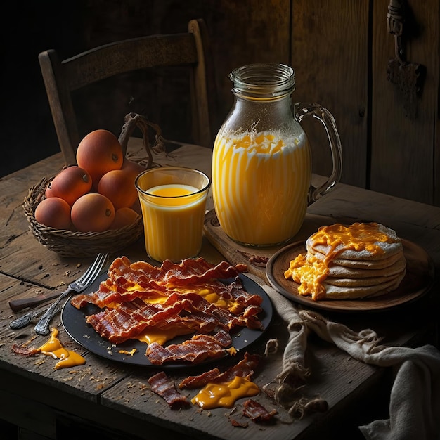 Crutones fritos com ovos fritos e laranja fresca