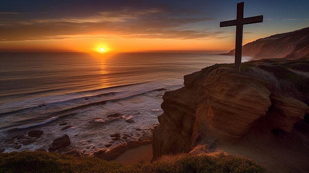 Una cruz en un acantilado con la puesta de sol detrás de ella