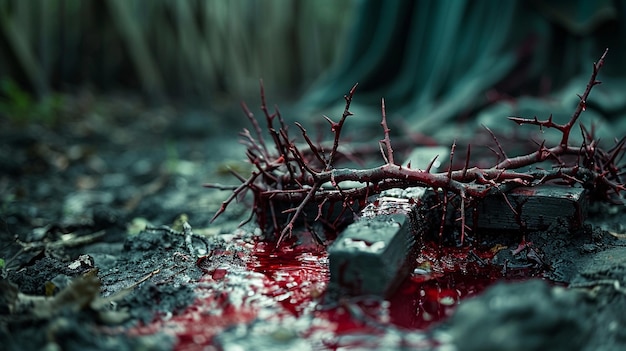 Cruz adornada com uma coroa de espinhos Com fundo de sangue