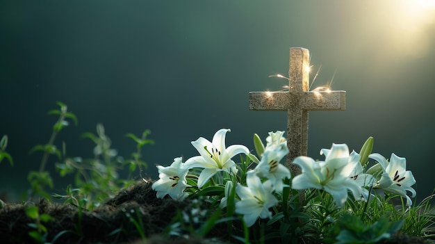 Una cruz adornada con lirios y luz radiante que simboliza el mensaje de Pascua