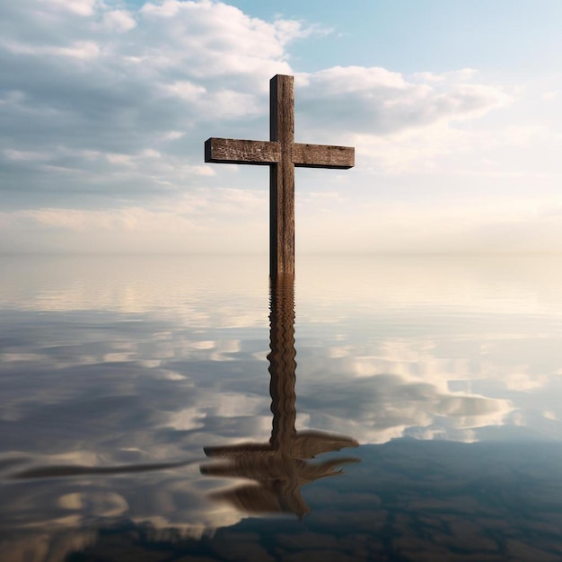 una cruz en el agua con el cielo en el fondo.