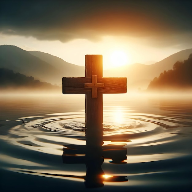 una cruz en el agua con el sol poniéndose detrás de ella
