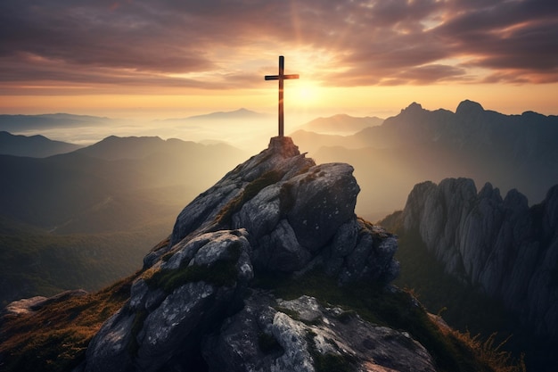 cruz arrafada no topo de uma montanha com um pôr-do-sol no fundo ai generativo
