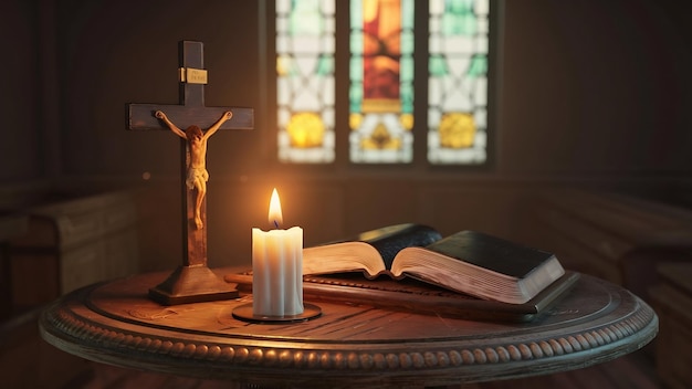Cruz con Biblia y vela en una vieja mesa de madera de roble