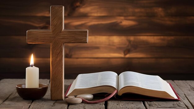 Cruz con Biblia y vela en una vieja mesa de madera de roble