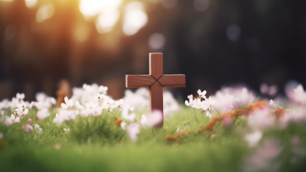 Una cruz en un campo de flores.