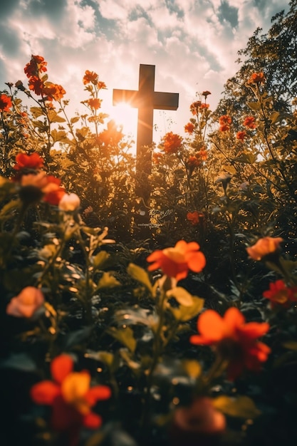 Una cruz en un campo de flores.