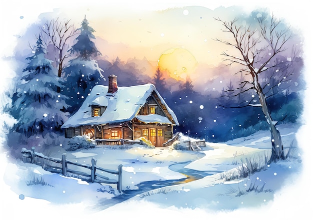 cruz casa nieve valla ilustración niños amanecer pegatina bosques árboles noche más larga gentil
