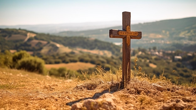 Cruz católica cristiana en las colinas IA generativa