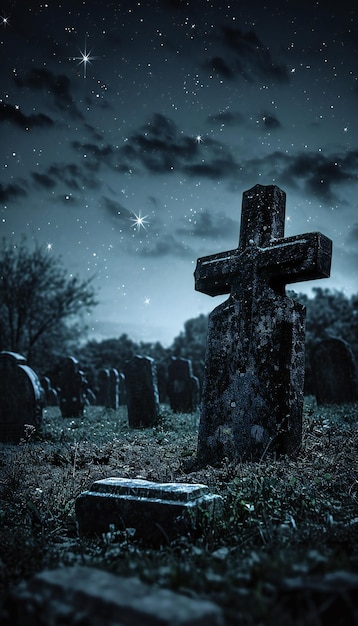 Cruz bajo el cielo nocturno en un misterioso cementerio