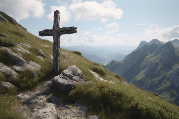 Una cruz en la cima de una montaña con montañas al fondo