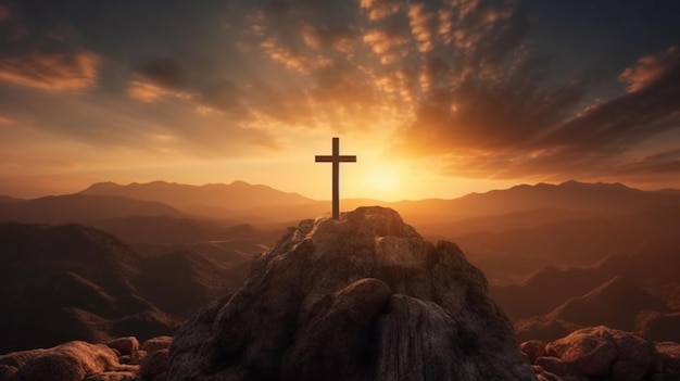 Una cruz en la cima de una montaña con el sol poniéndose detrás de ella generativo ai