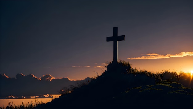 Una cruz en una colina al atardecer con la puesta de sol detrás de ella.