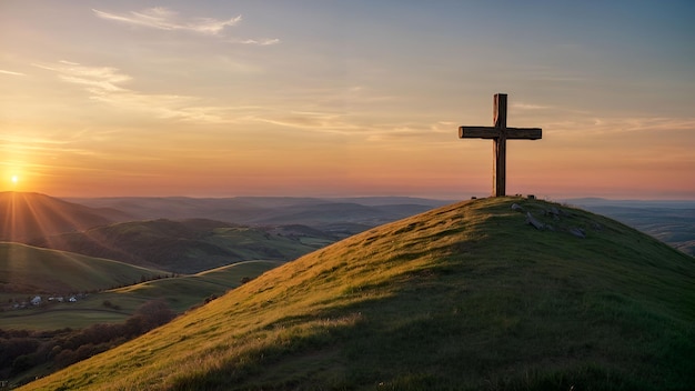 Una cruz en la colina al atardecer