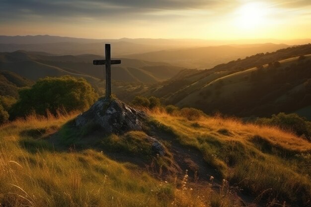 Una cruz en una colina con la puesta de sol detrás de ella