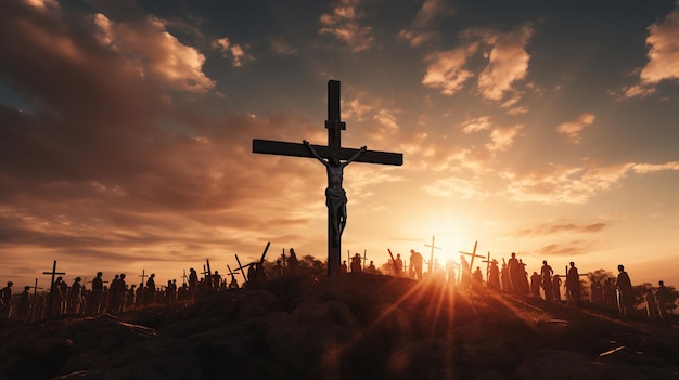 una cruz en una colina con una puesta de sol en el fondo