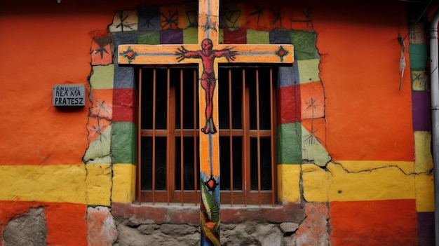 Una cruz colorida está en una ventana de un edificio.