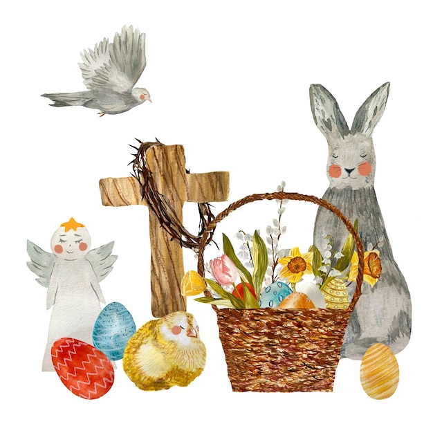 Cruz coroa ovo pintinho flor coelho anjo pombo conjunto. Uma ilustração em aquarela. Textura desenhada à mão.