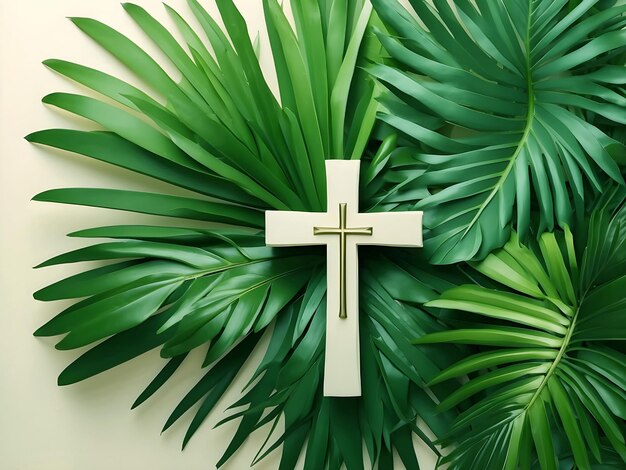 Foto cruz cristã de madeira com folhas de palmeira em fundo