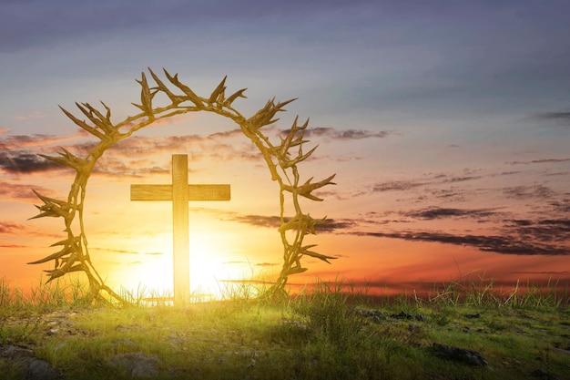 Cruz cristã e coroa de espinhos no campo