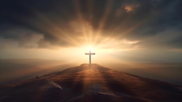 Cruz cristã no topo da montanha com luz de fundo brilhante
