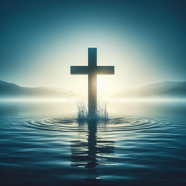 cruz cristã submersa em um lago tranquilo simbolizando o batismo e o renascimento fundo