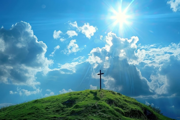 La cruz de Cristian en la cima de una colina verde