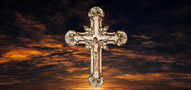 Cruz cristiana adornada contra el cielo dramático Ilustración de renderización en 3D
