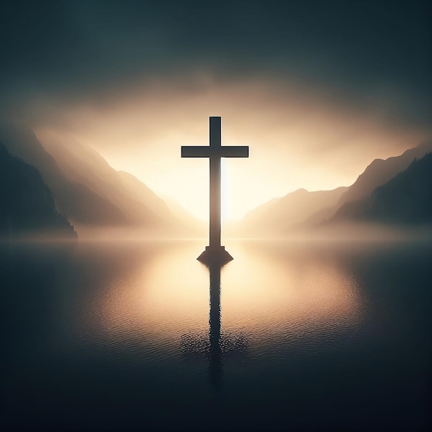 Una cruz cristiana con el amanecer en el fondo